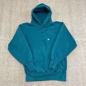 Vintage Campion Reverse Weave hoodie mens medium blue 1980s drawstring solid